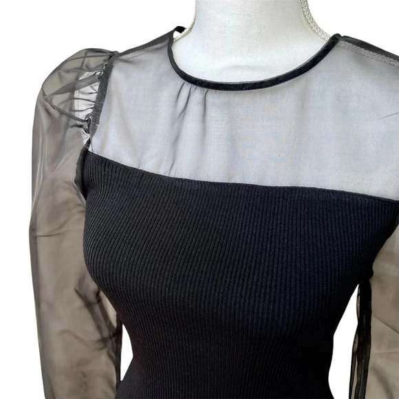 Black Sweater Top with Sheer Taffeta Long Balloon Sleeves Size S - Picture 2 of 8